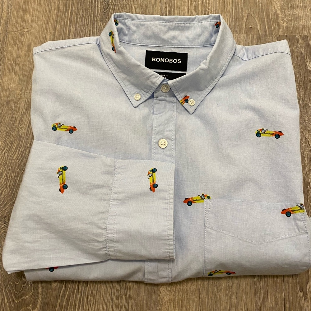 Bonobos All-Over Race Cars Pattern Button Up Collared Shirt Slim Fit M